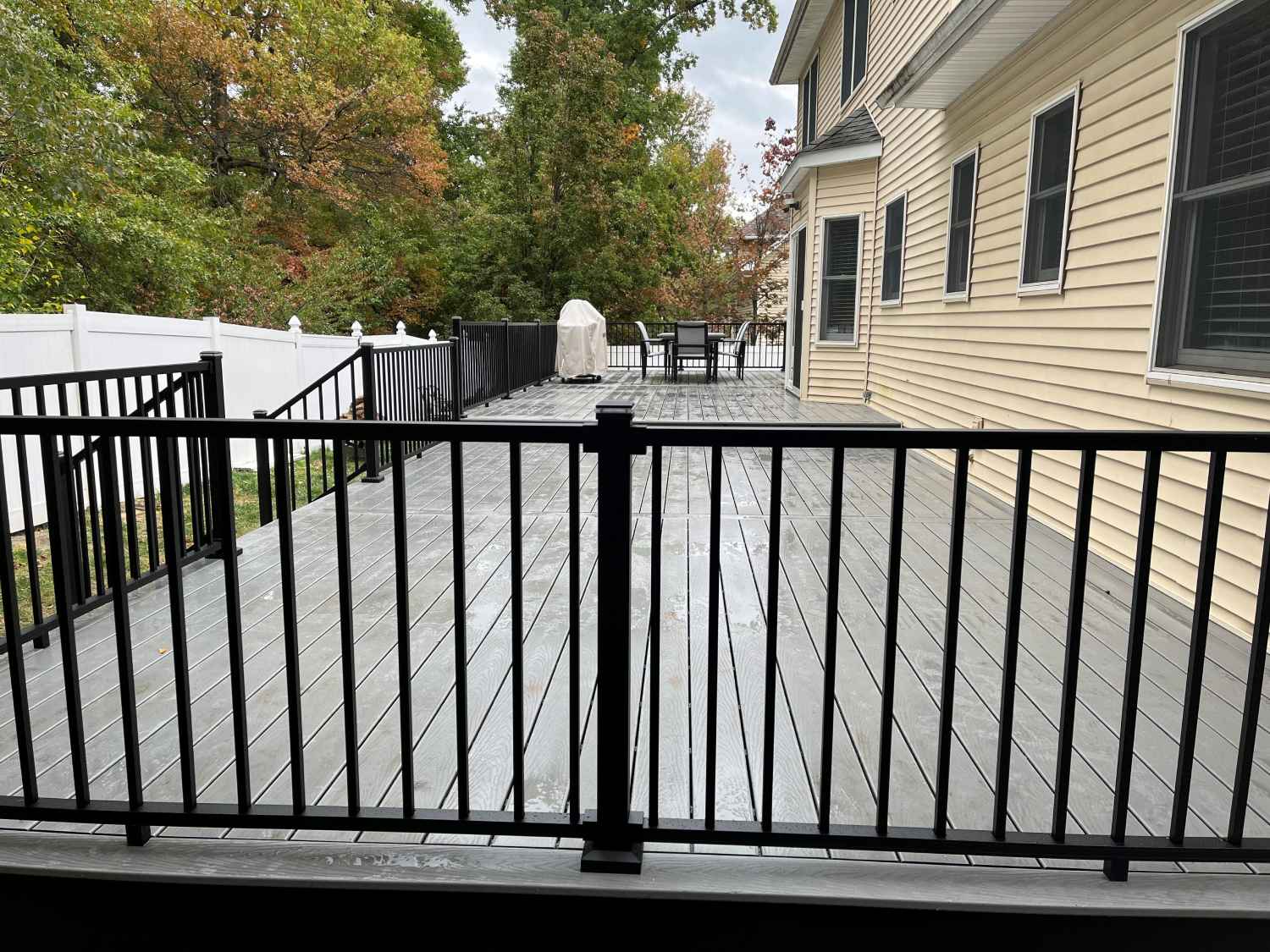 A deck with black railing and white fence